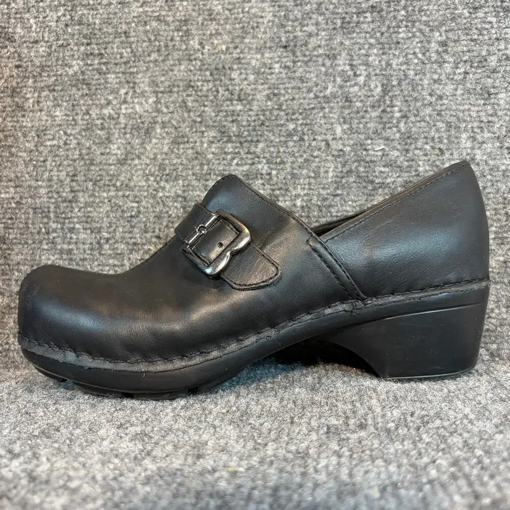 Bjorndal Black Leather Buckle Strap Clogs Wedge Comfort Mules Shoes Size 8.5